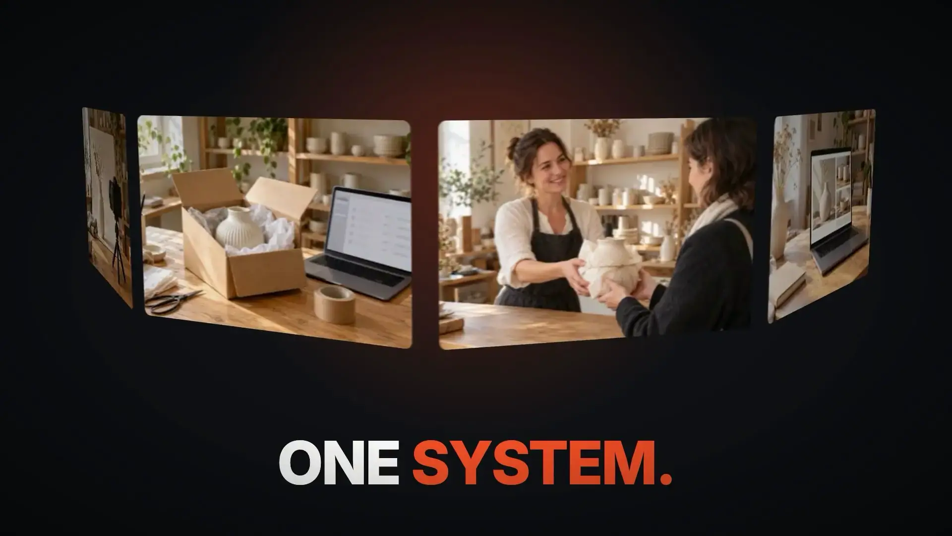 Standbild aus dem MAKK-Showreel: In einer Keramikwerkstatt reicht die Inhaberin einer Kundin eine Vase, daneben steht ein gepackter Versandkarton vor einem Laptop; darunter der Schriftzug „ONE SYSTEM.“