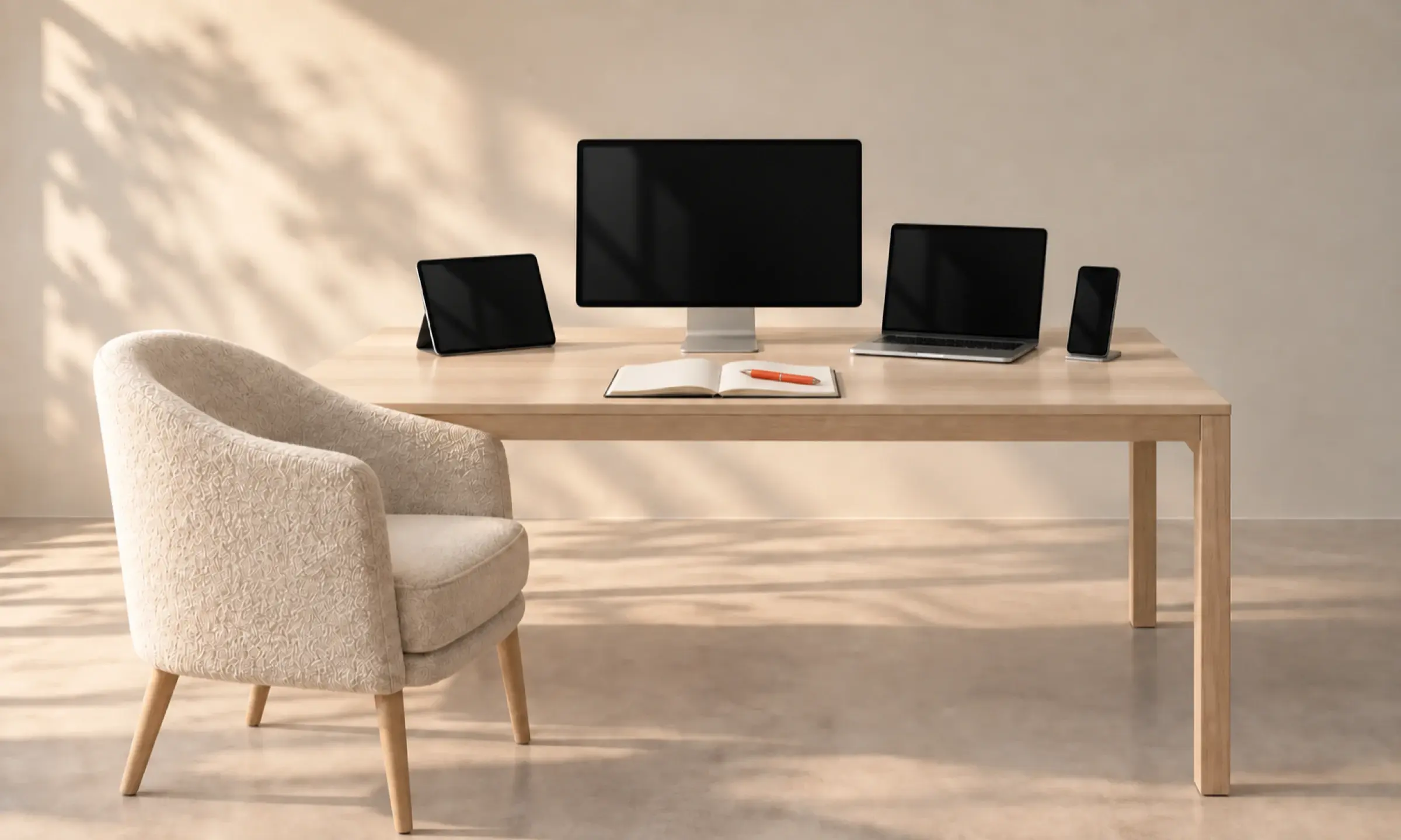 Ein Arbeitstisch mit Monitor, Laptop, Tablet, Smartphone und einem aufgeschlagenen Notizbuch mit orangefarbenem Stift, daneben ein einzelner cremefarbener Sessel.