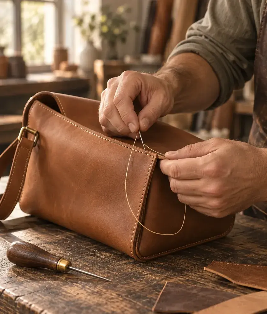 Hände nähen eine braune Ledertasche mit gewachstem Faden auf einer Werkbank, daneben eine Ahle.