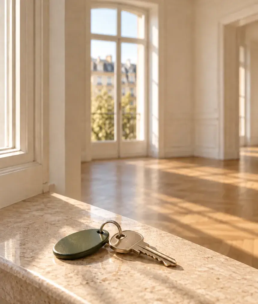 Schlüsselbund mit grünem Anhänger auf einer Marmorplatte in einer leeren, sonnigen Altbauwohnung mit Parkett.