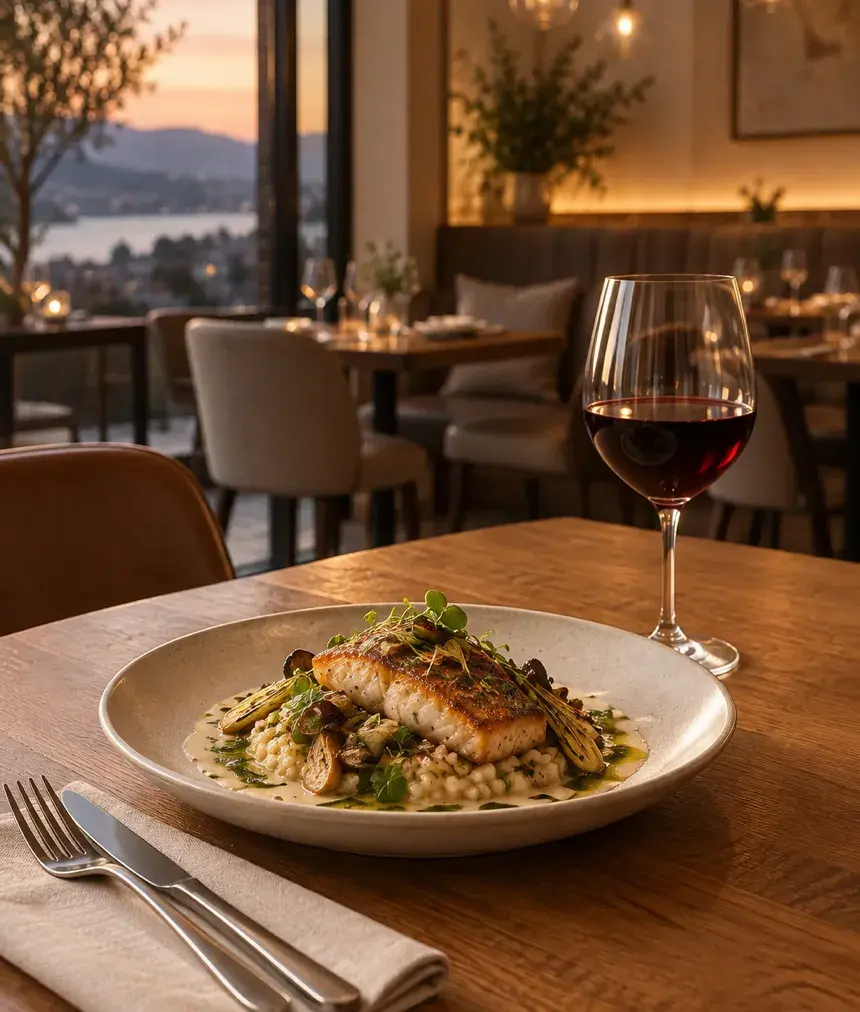 Gedeckter Restauranttisch mit Fisch auf Risotto und einem Glas Rotwein, im Hintergrund Abendlicht über einem See.