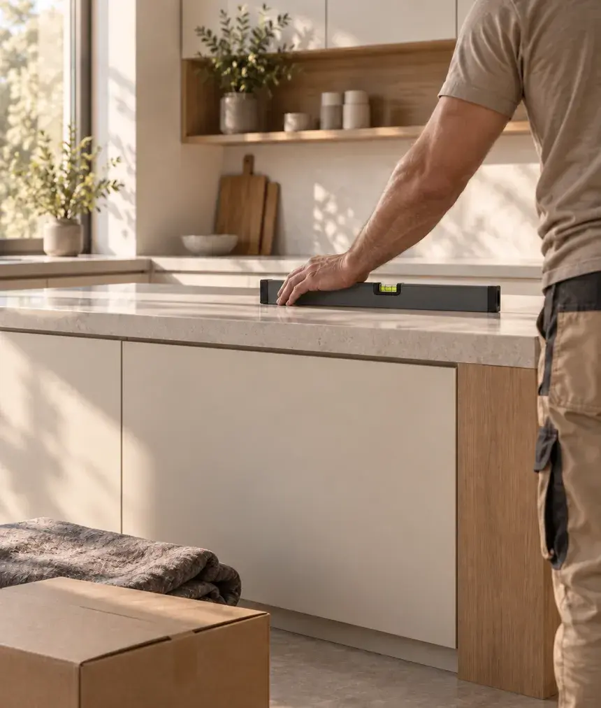Ein Handwerker prüft mit der Wasserwaage eine Arbeitsplatte in einer hellen Küche.