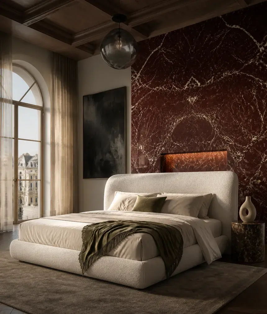 Schlafzimmer mit gepolstertem Bett in Creme vor einer dunkelroten Marmorwand, daneben ein Rundbogenfenster.