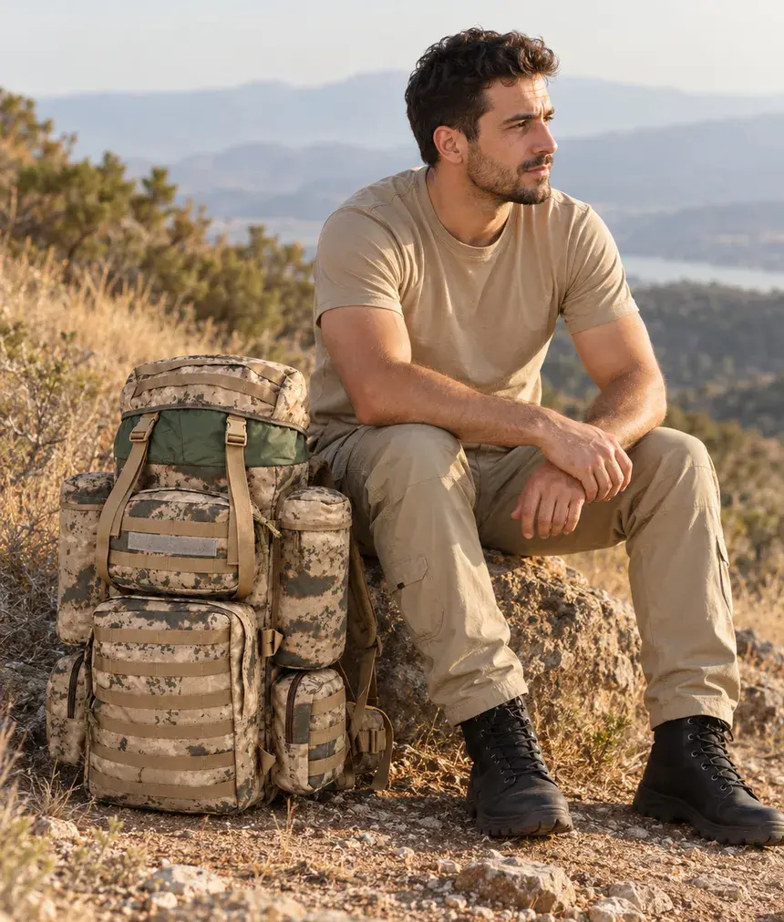 Ein Mann in beigem T-Shirt und Cargohose sitzt auf einem Felsen in hügeliger Landschaft, neben ihm ein grosser Rucksack in Tarnmuster.