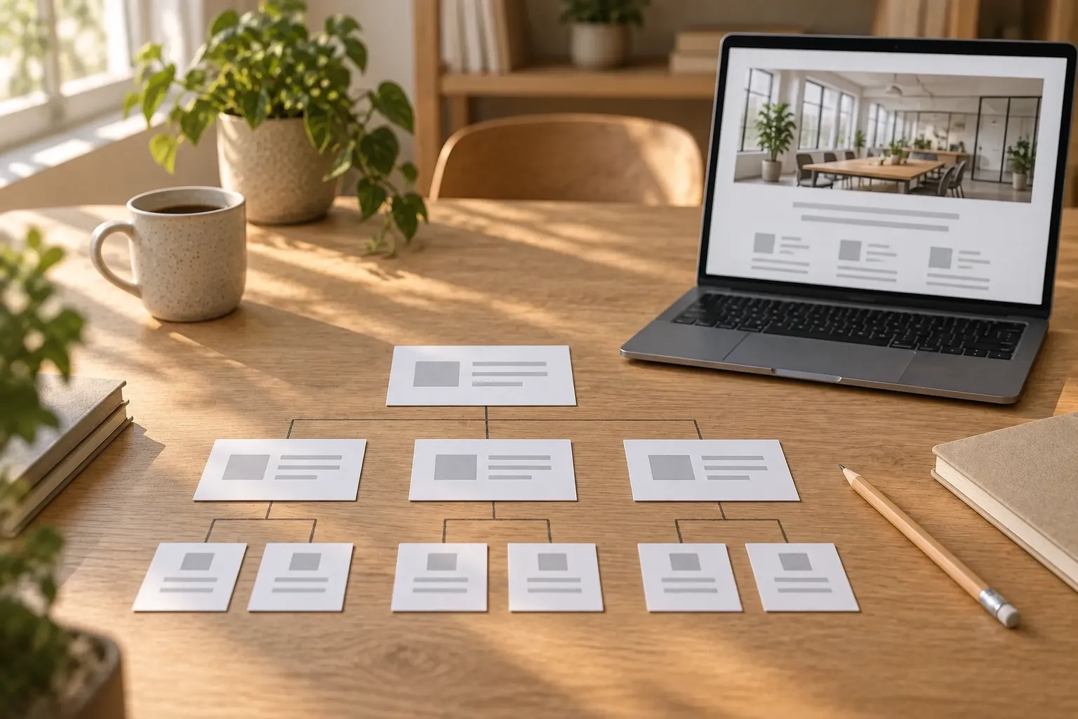 Eine Sitemap aus Papierkarten auf einem Eichentisch; daneben ein Laptop mit einer schlichten Unternehmens-Startseite.