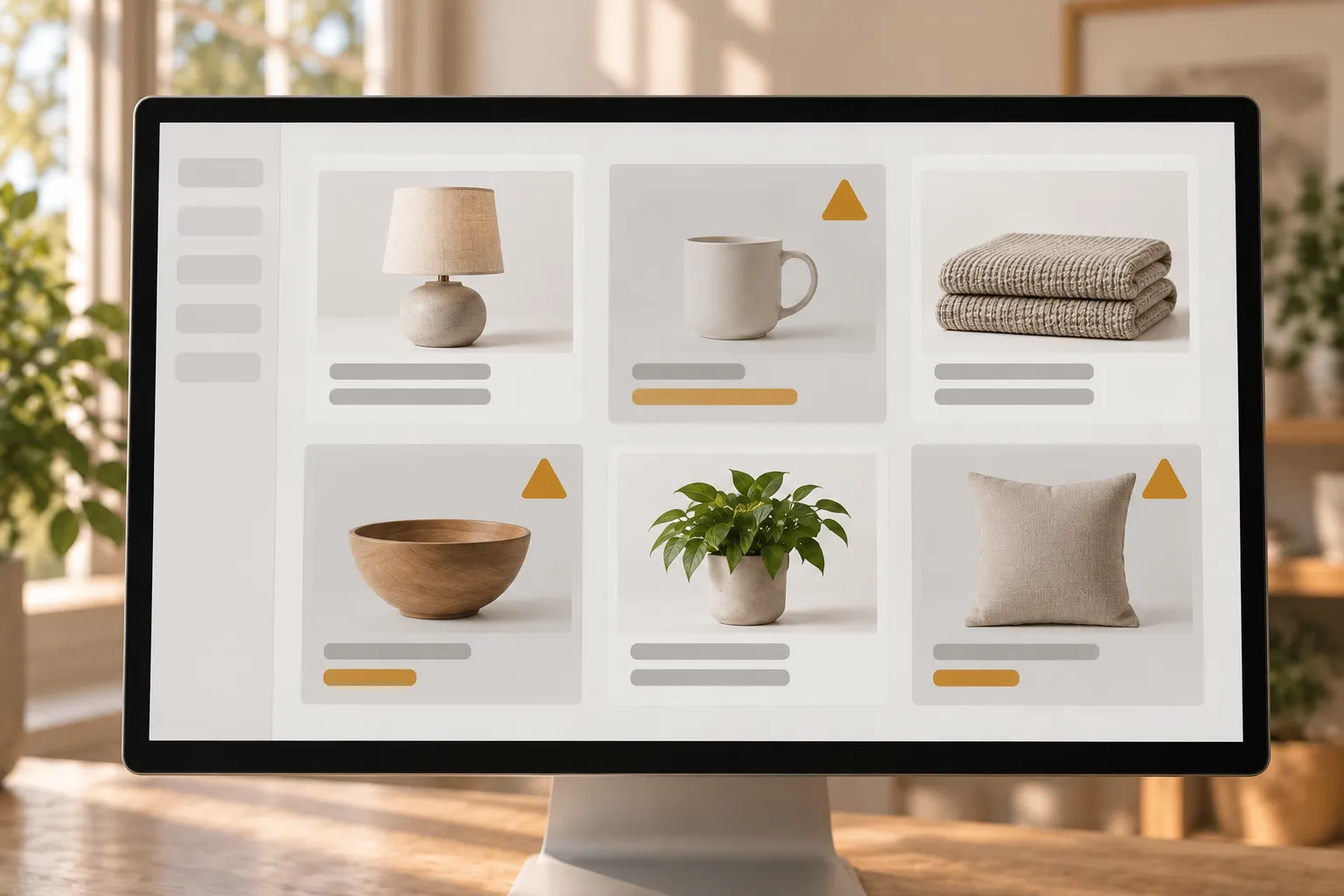 A screen shows an online shop's product grid of six items; three of them carry an amber warning symbol.