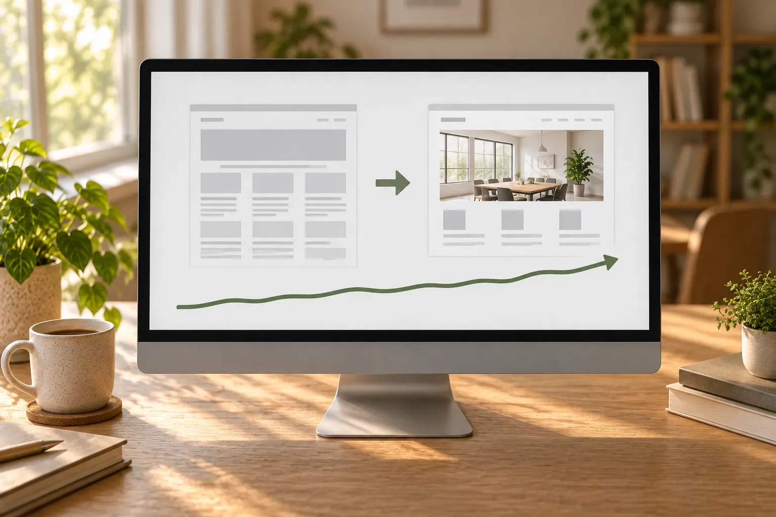 A monitor on a desk shows an arrow from an old website layout to a new one, with a rising green line beneath.