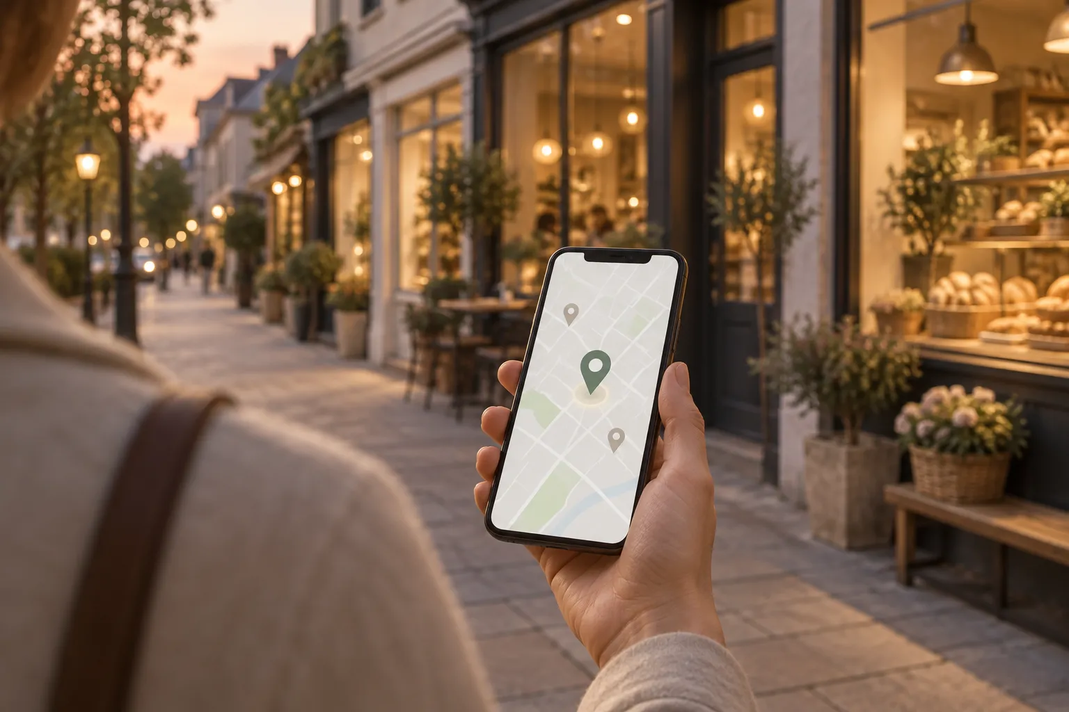 Akşamüstü bir alışveriş sokağında elde tutulan telefon; ekrandaki haritada üç konum işaretinden biri öne çıkıyor, arkada ışıkları yanan bir fırın vitrini.