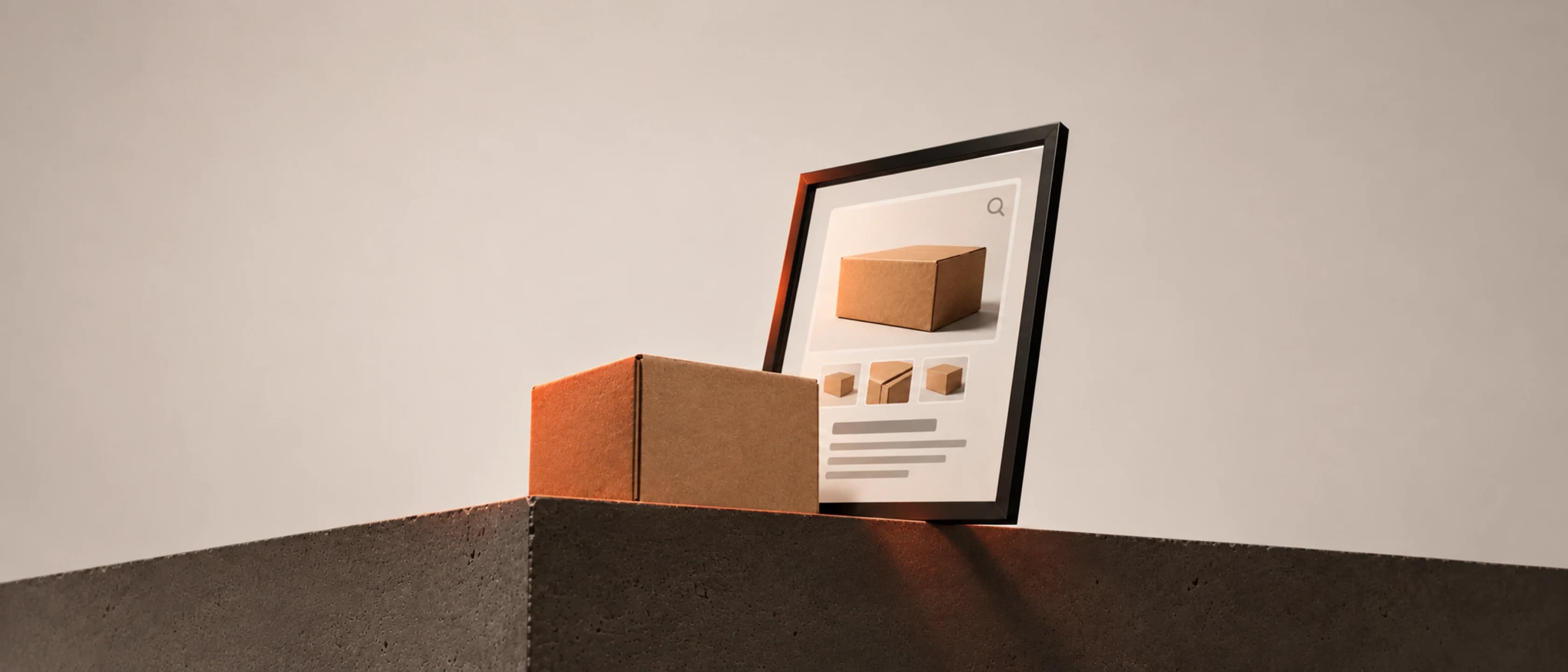 A brown shipping box stands on a dark concrete plinth; beside it leans a black-framed screen showing a simple product page with the same box as the main image and three small thumbnails. Warm light falls from the left.