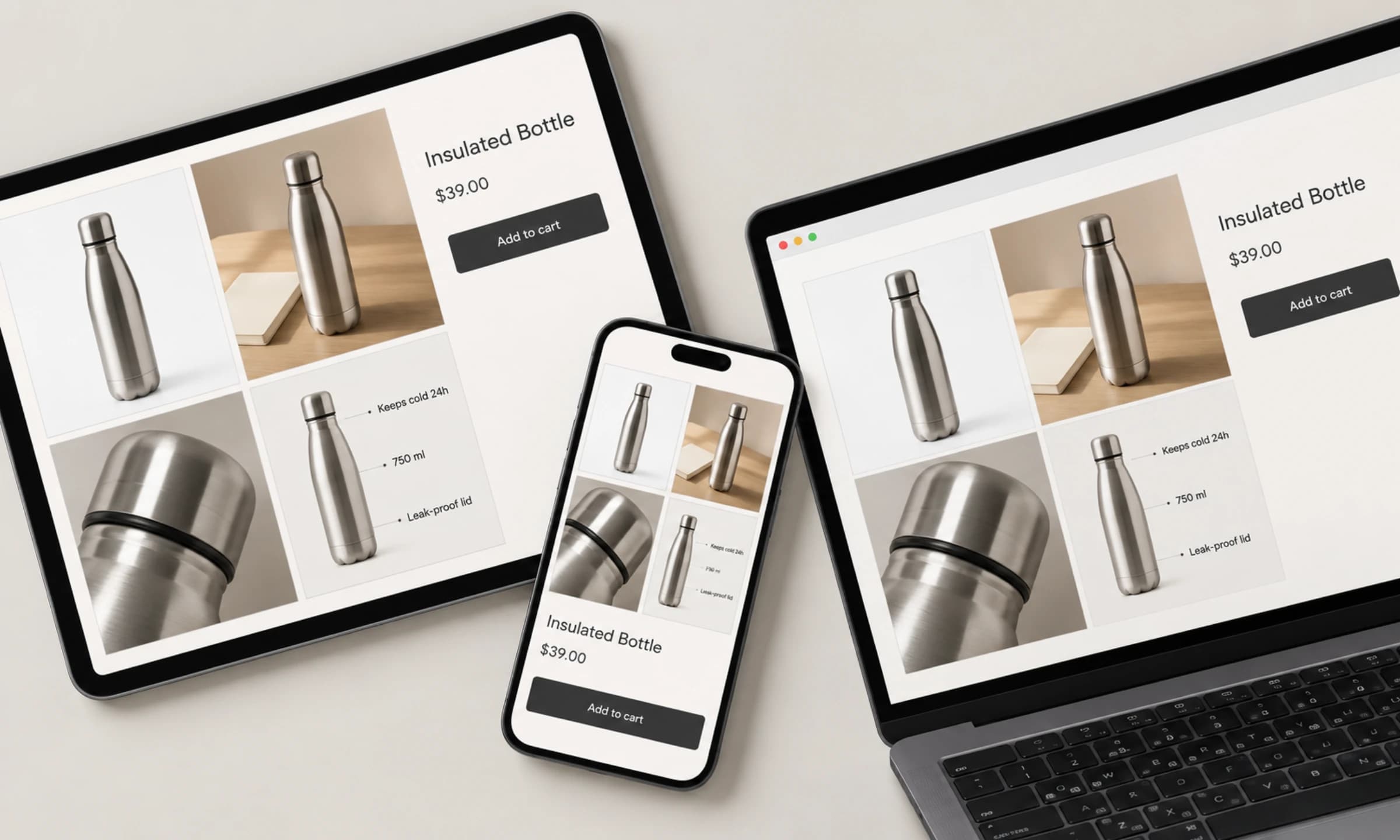 Tablet, Smartphone und Laptop zeigen vier Produktbilder derselben Edelstahl-Trinkflasche: Hauptbild auf weißem Hintergrund, Anwendungsbild auf einem Holztisch, Nahaufnahme des Deckels und eine Infografik mit drei kurzen Merkmalen.