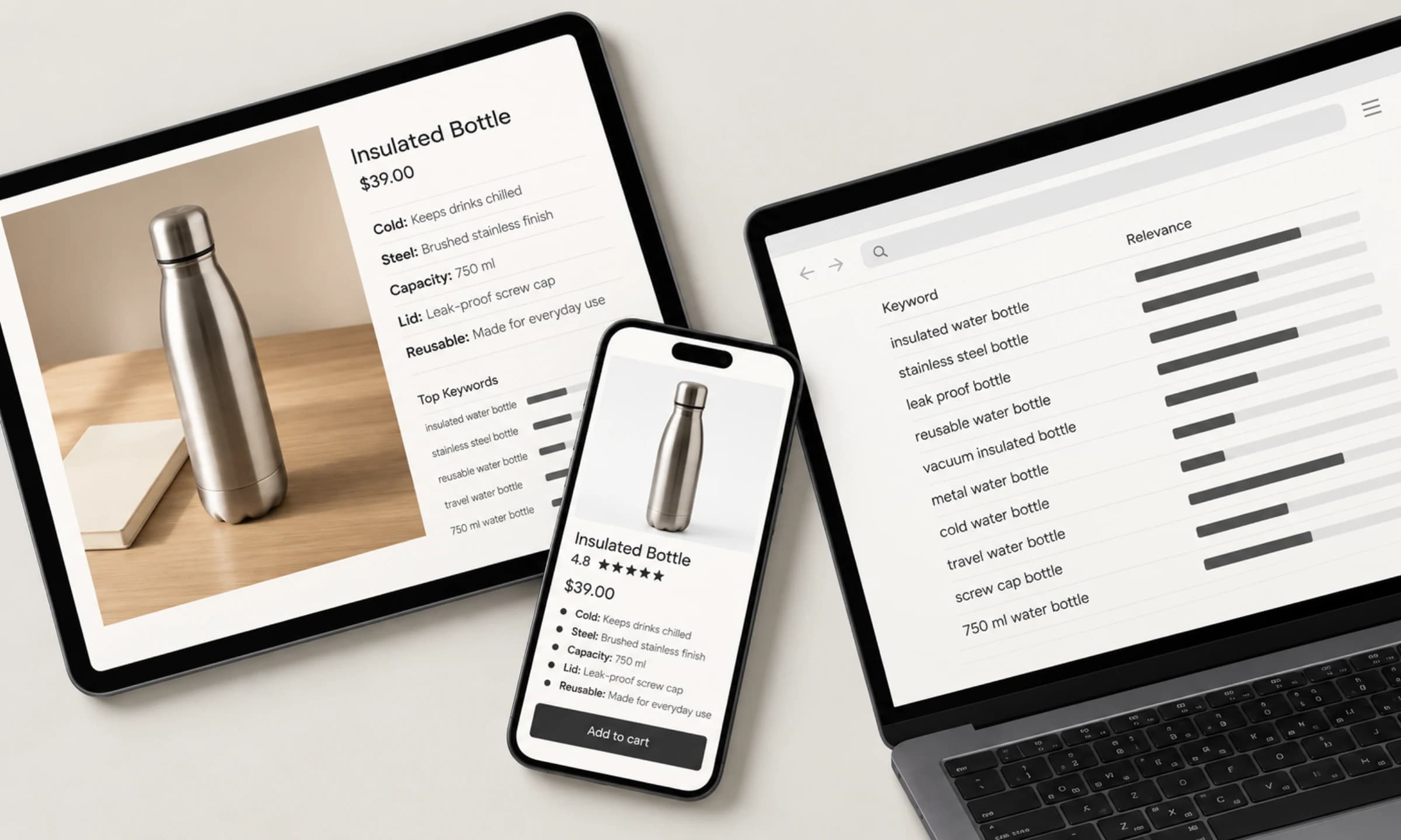 Tablet, Smartphone und Laptop zeigen das Listing derselben Trinkflasche mit kurzem Titel, Preis und Aufzählungspunkten; auf dem Laptop eine Keyword-Liste mit zehn Suchbegriffen und Balken für ihre Relevanz.