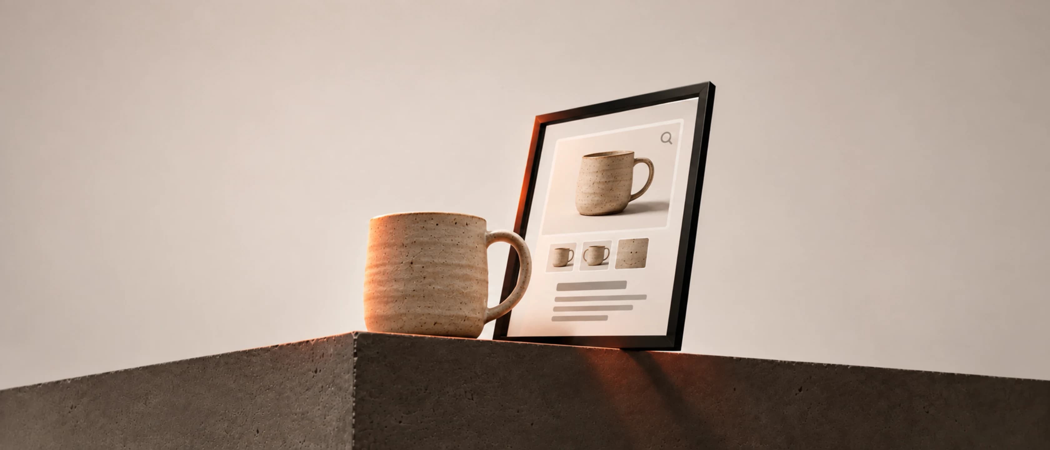 A handmade ceramic mug with a speckled glaze stands on a dark concrete plinth; beside it leans a black-framed screen showing a simple item page with the same mug as the cover image and three small thumbnails. Warm light falls from the left.
