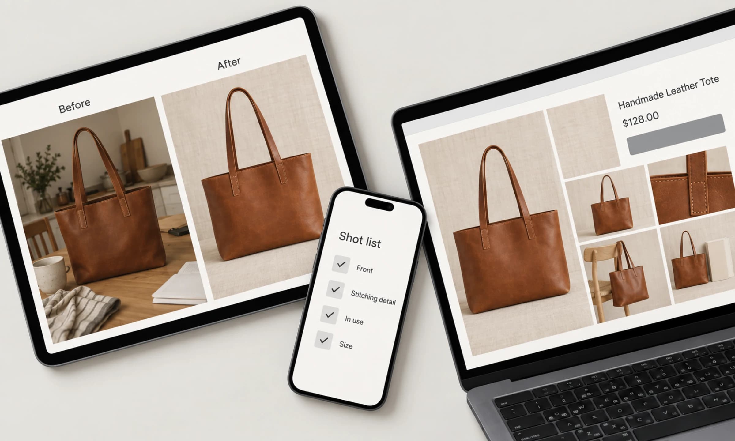 Ein Tablet zeigt dieselbe handgemachte Ledertasche vorher und nachher: links auf dem Küchentisch bei schwachem Licht, rechts bearbeitet auf ruhigem Leinengrund. Der Laptop zeigt eine Listing-Galerie aus den bearbeiteten Fotos, das Smartphone eine Fotoliste mit vier Punkten.