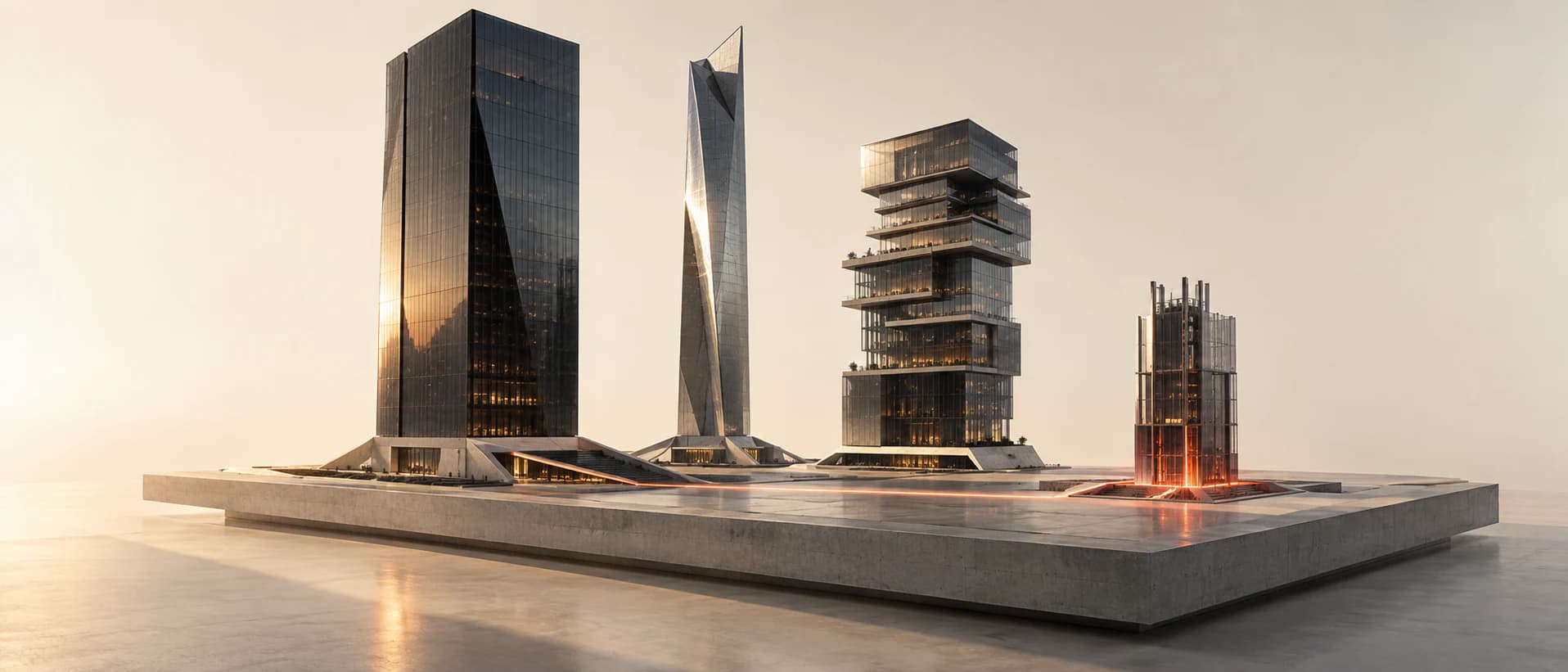 Vier Türme auf einem Betonsockel: drei fertige Glasbauten, der vierte noch im Gerüst und von innen orange beleuchtet. Eine Lichtlinie zieht sich quer über den Sockel.