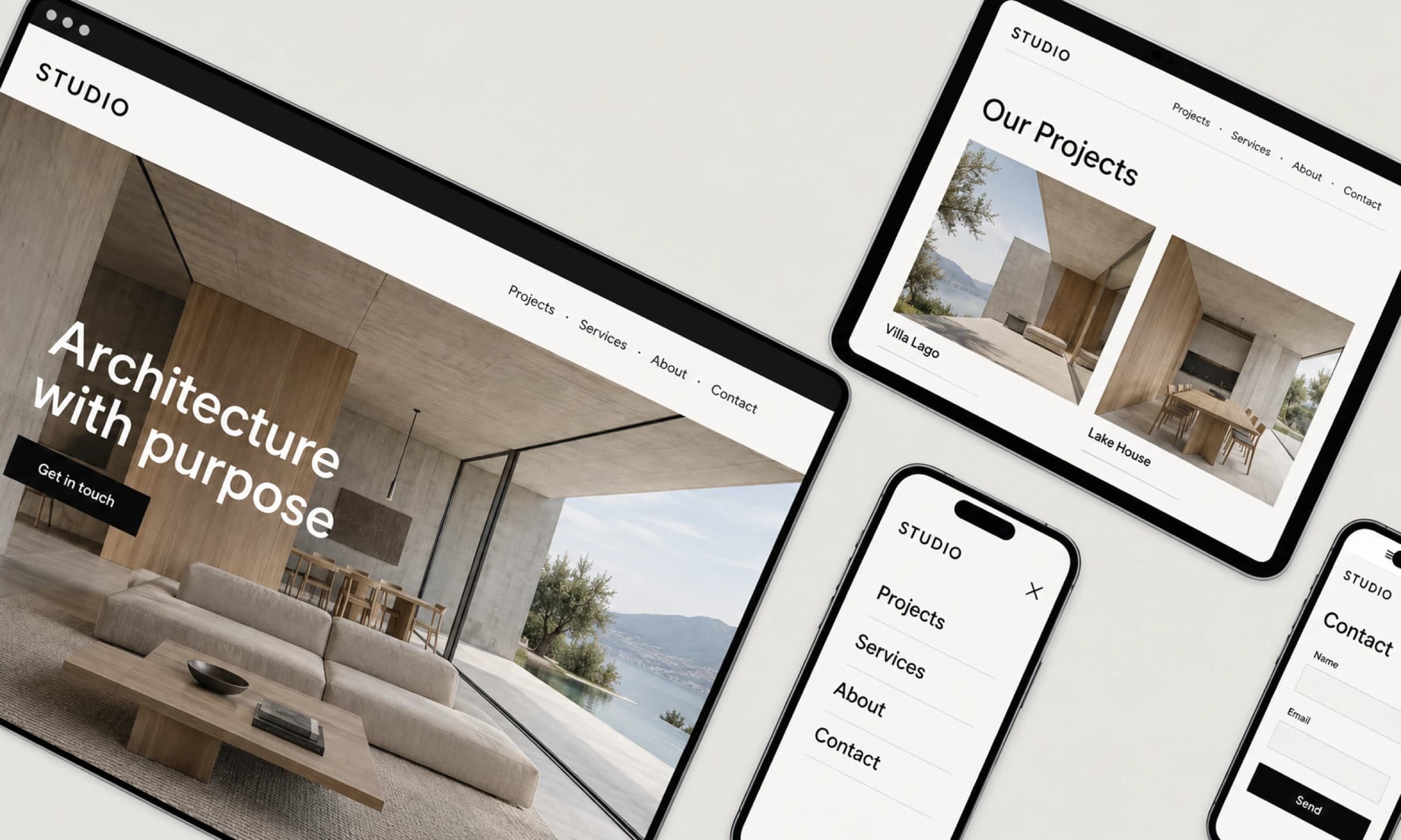 Collage aus Desktop, Tablet und Smartphones mit derselben Architektur-Website: Startseite, Projektübersicht, mobiles Menü und Kontaktformular.