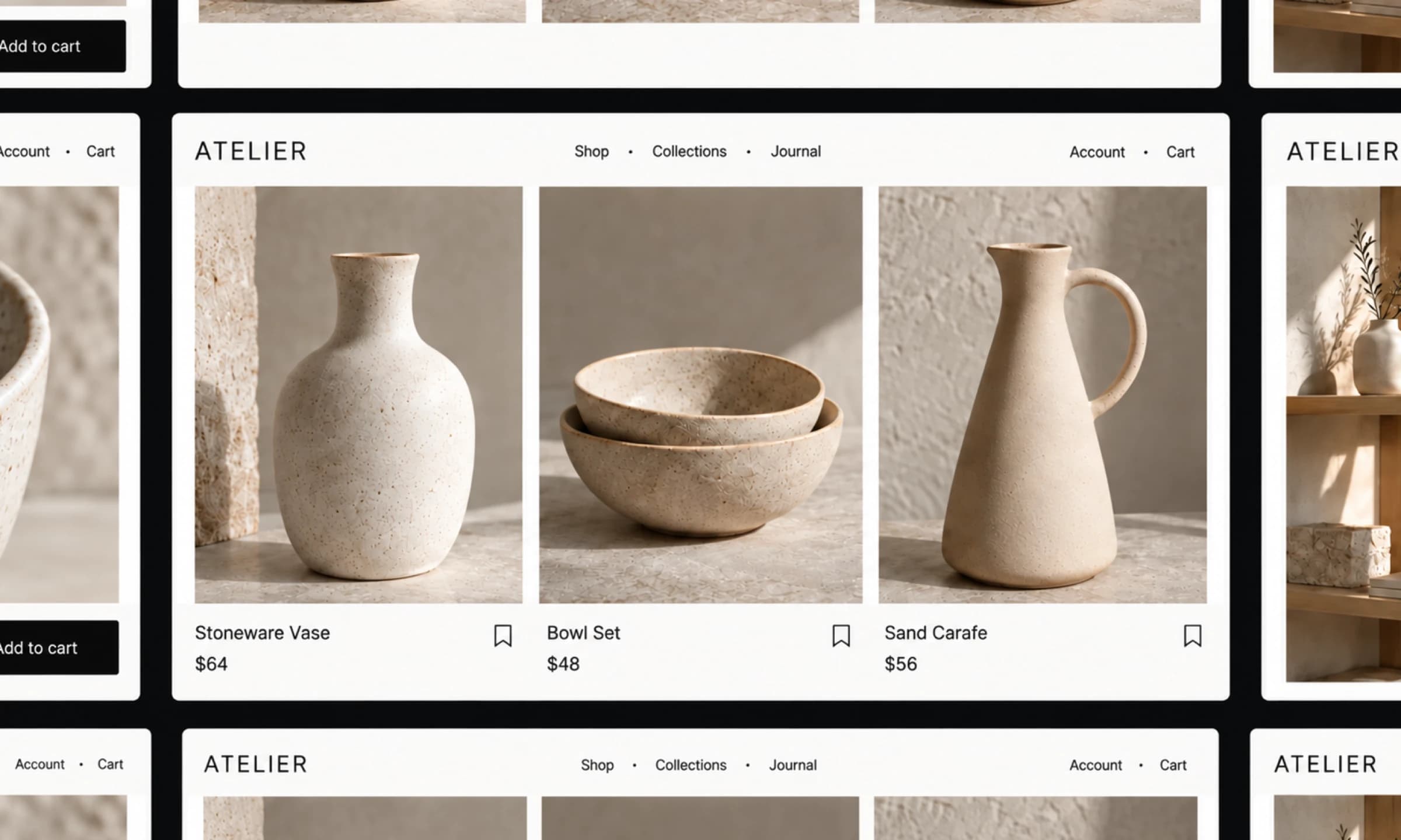 Browserfenster eines Keramik-Onlineshops auf dunklem Grund: Kollektionsseite mit Vase, Schalen-Set und Karaffe samt Preisen, daneben Produktdetail und Kampagnenseite.