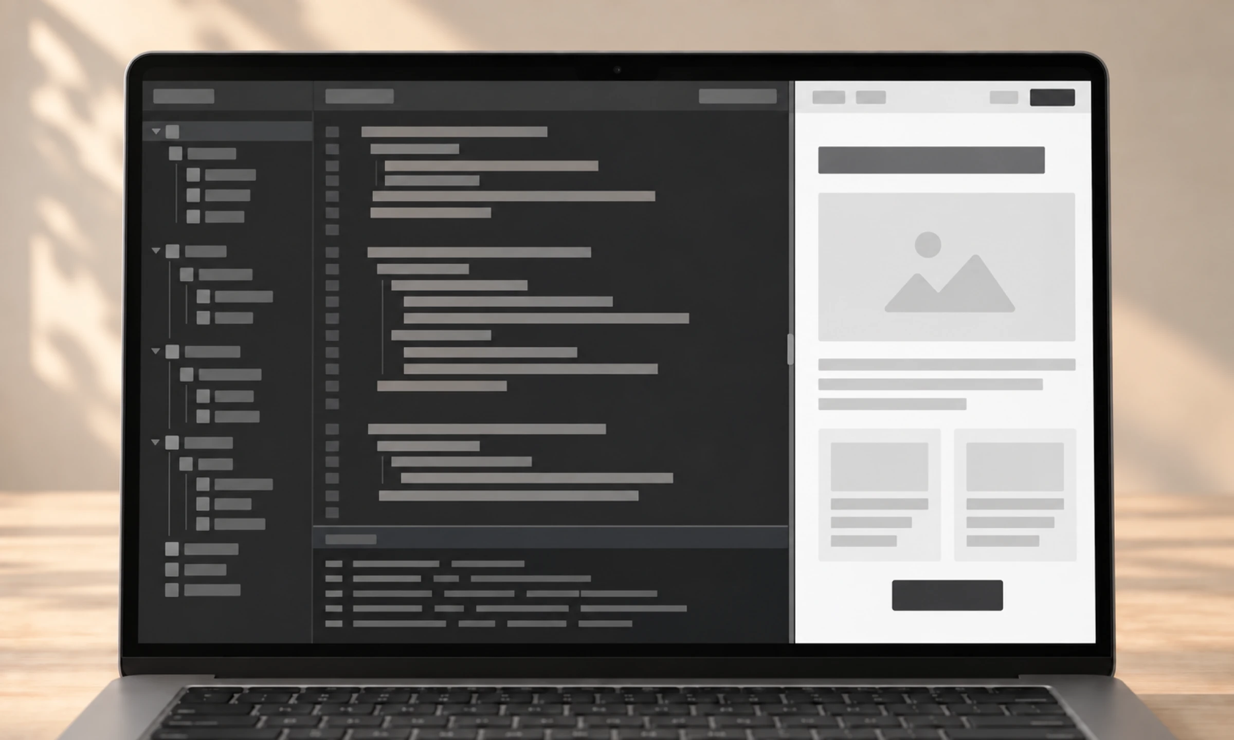 Laptop mit Code-Editor und Terminal links und der Vorschau der entstehenden Website rechts.