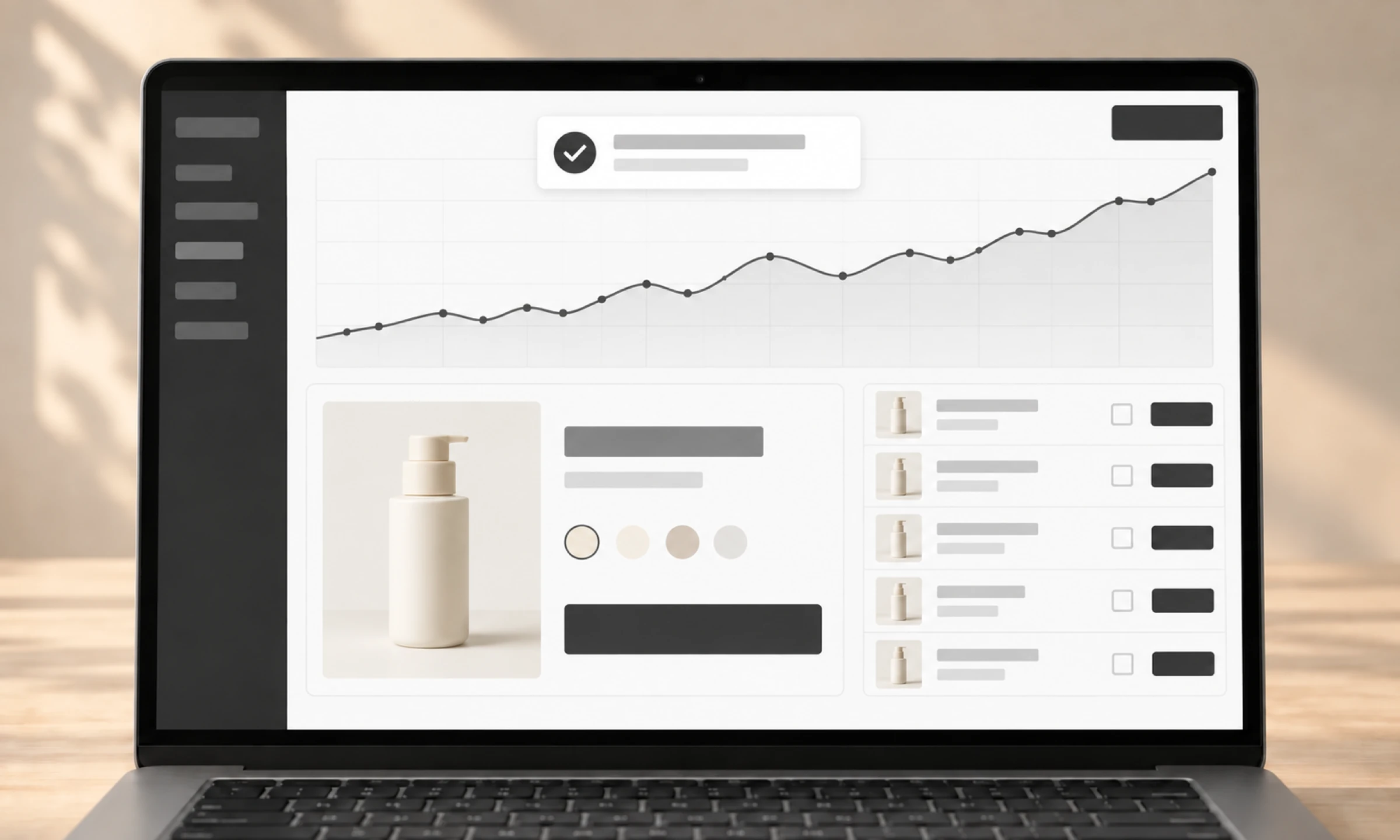 Laptop showing a shop dashboard: rising sales chart, order confirmation, product page and order list.