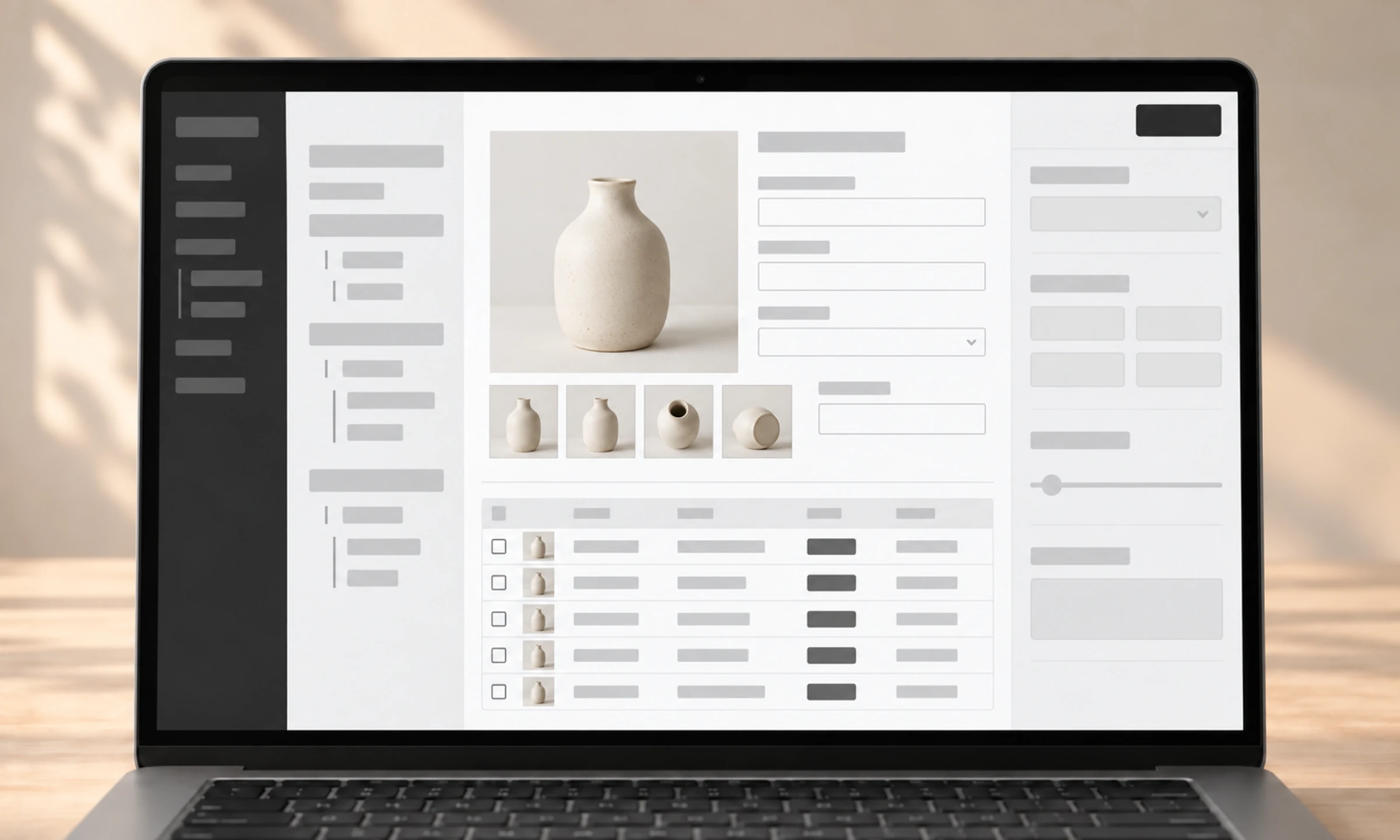 Laptop showing a product editor: ceramic vase with image gallery, price and stock fields, and an order list.