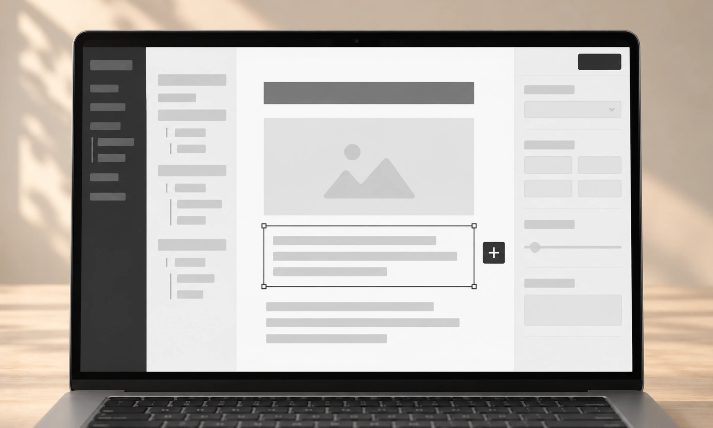 Open laptop showing a block-based page editor with one text block selected.
